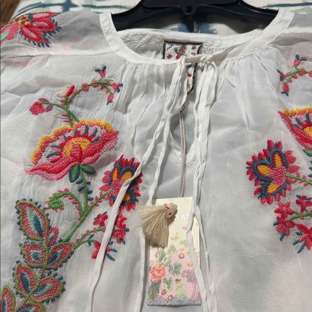 Johnny Was White Embroidered Floral Tunic with Pink and Green Accents - Picture 10 of 13